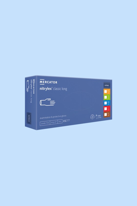 Mercator nitrylex® classic orvosi púdermentes, hosszított nitril kesztyű - Nitril kesztyű - Kék - XL